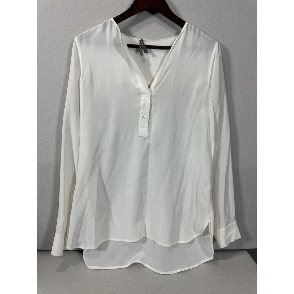 VINCE Womens 100% Silk Tunic Oversized Top  Nylon/Rayon Trim Cream Large Raw Hem